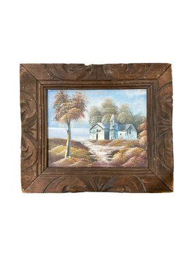 Vintage Framed Landscape Oil Painting With Wooden Carved Frame 14.5" X 12.5"